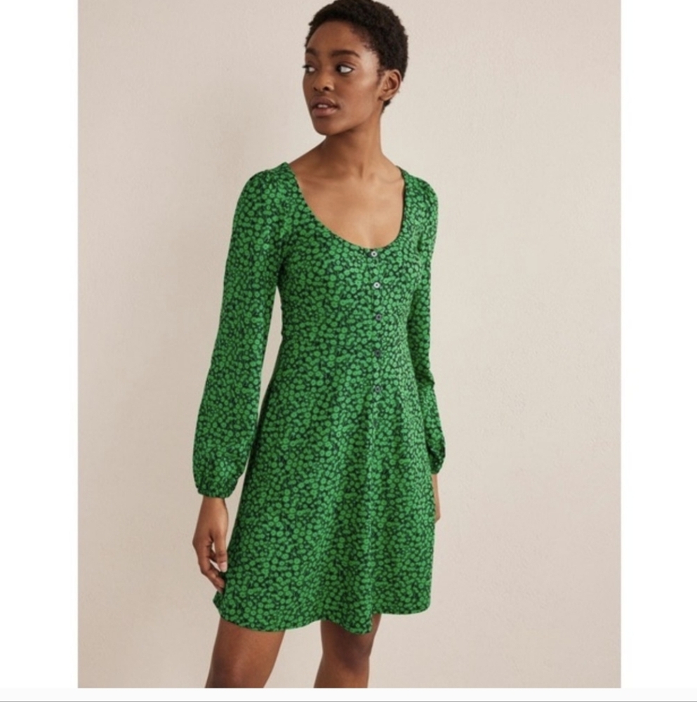 Boden Button Front Jersey Dress Green Floral Size 14